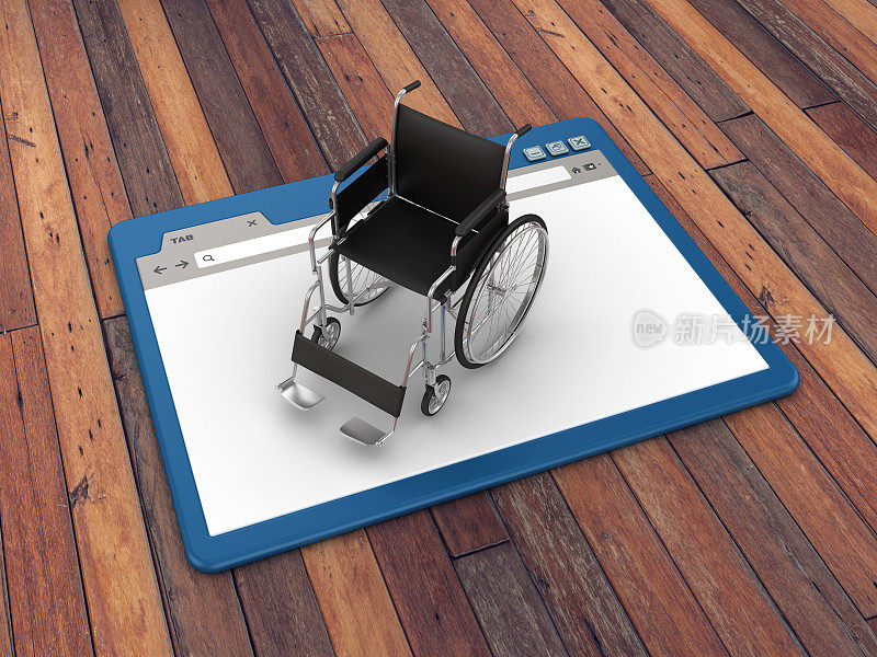 Web浏览器与轮椅的木地板背景- 3D渲染